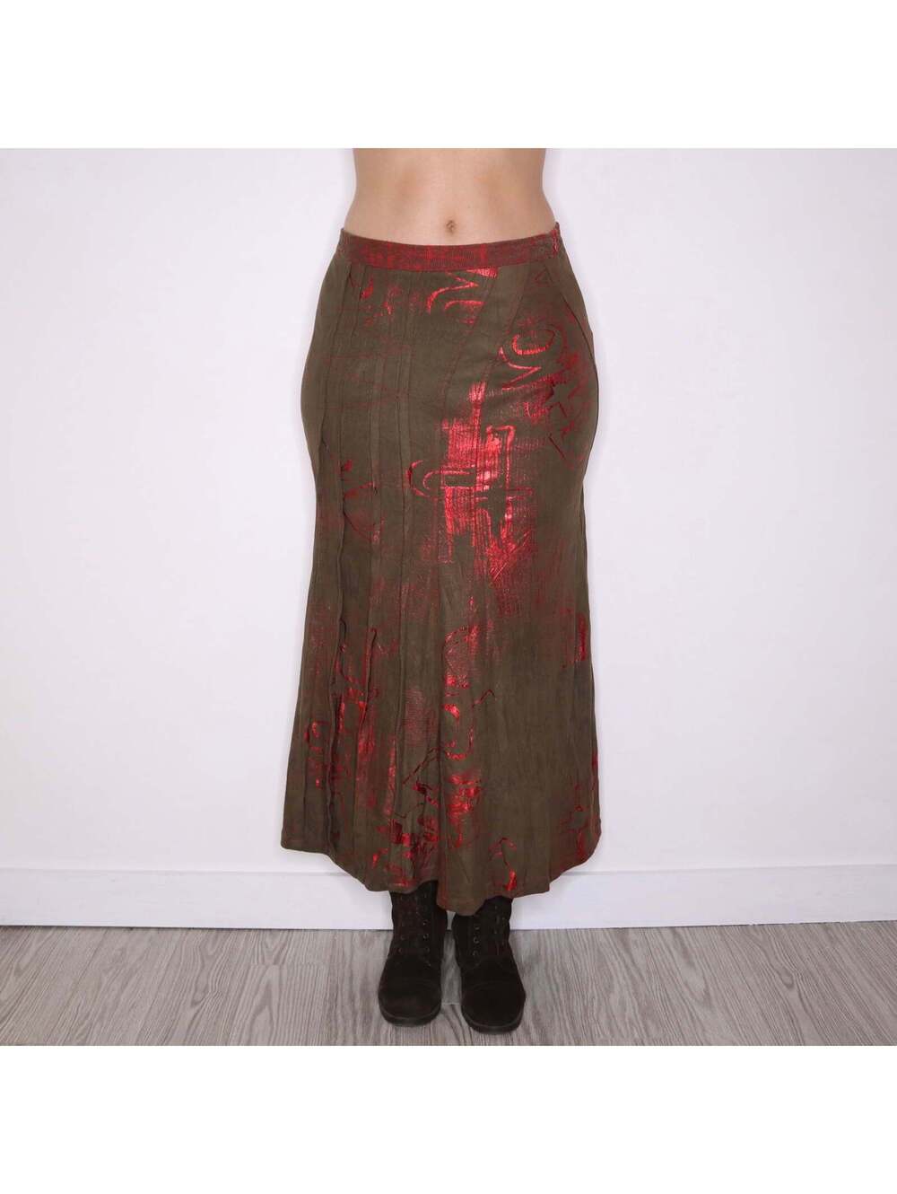 Y2K Italian Khaki and Red Shimmer Maxi Skirt (M/L)